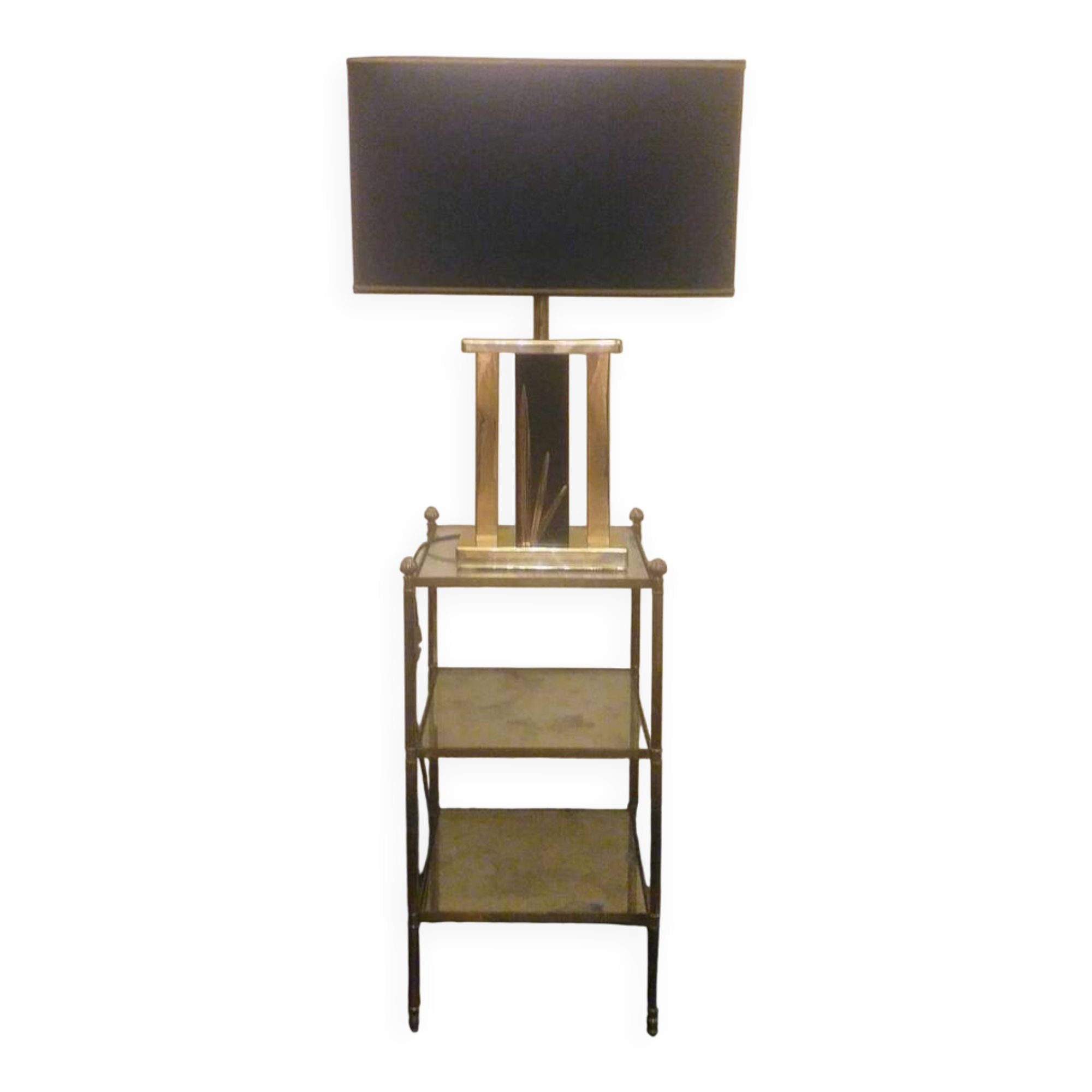 Lampe de table moderniste années 70 laiton  décor jonc