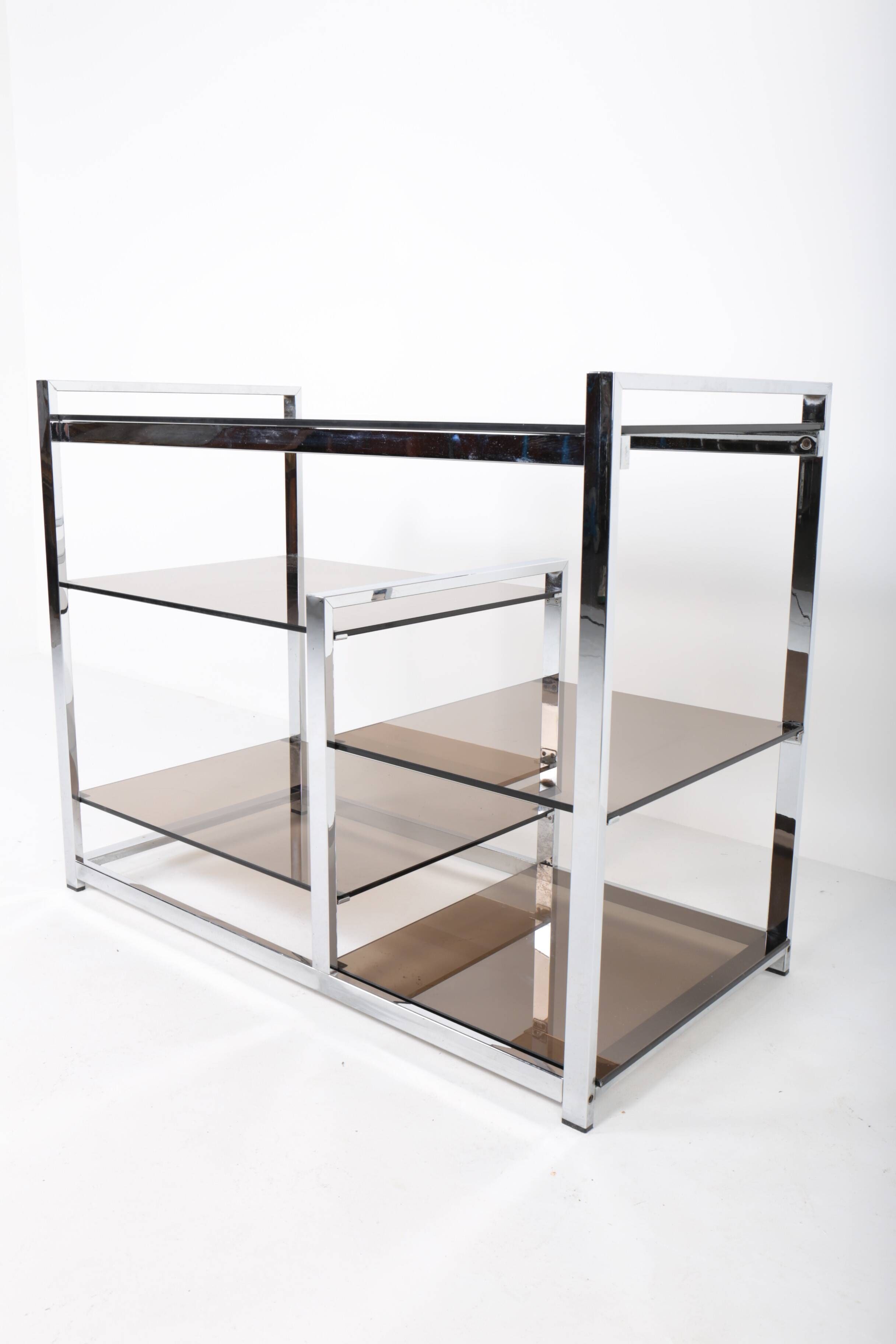 Vintage hifi or TV unit in chrome steel and smoked glass