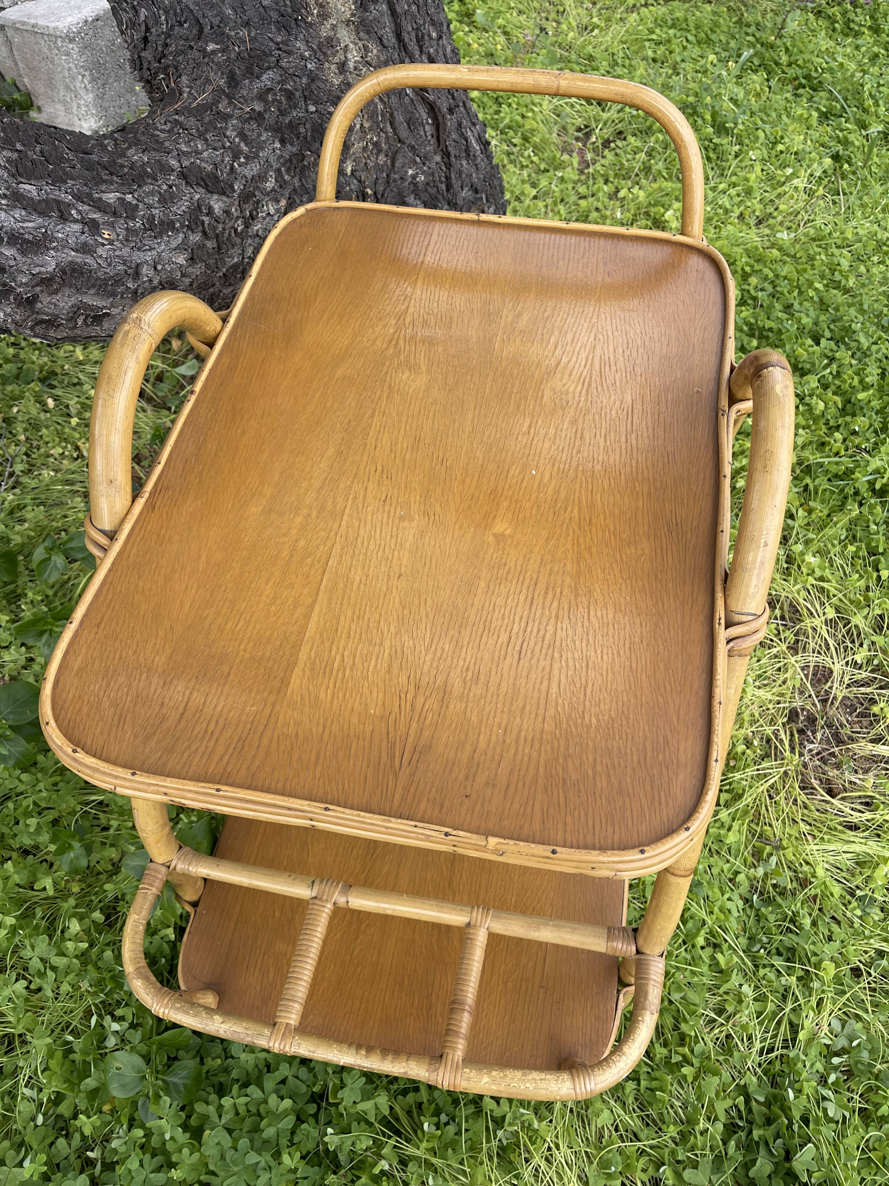 Rattan and oak trolley table