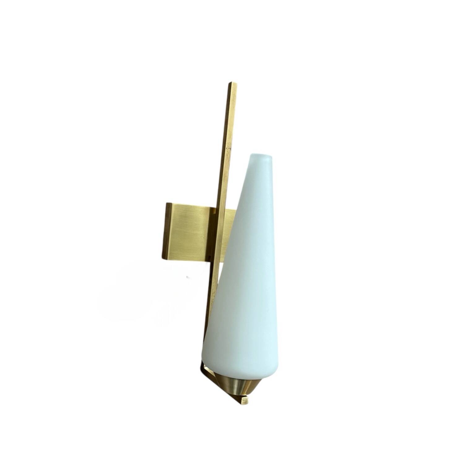 Vintage brass wall light with a white glass spindle shade from the 1950s-1960s.
