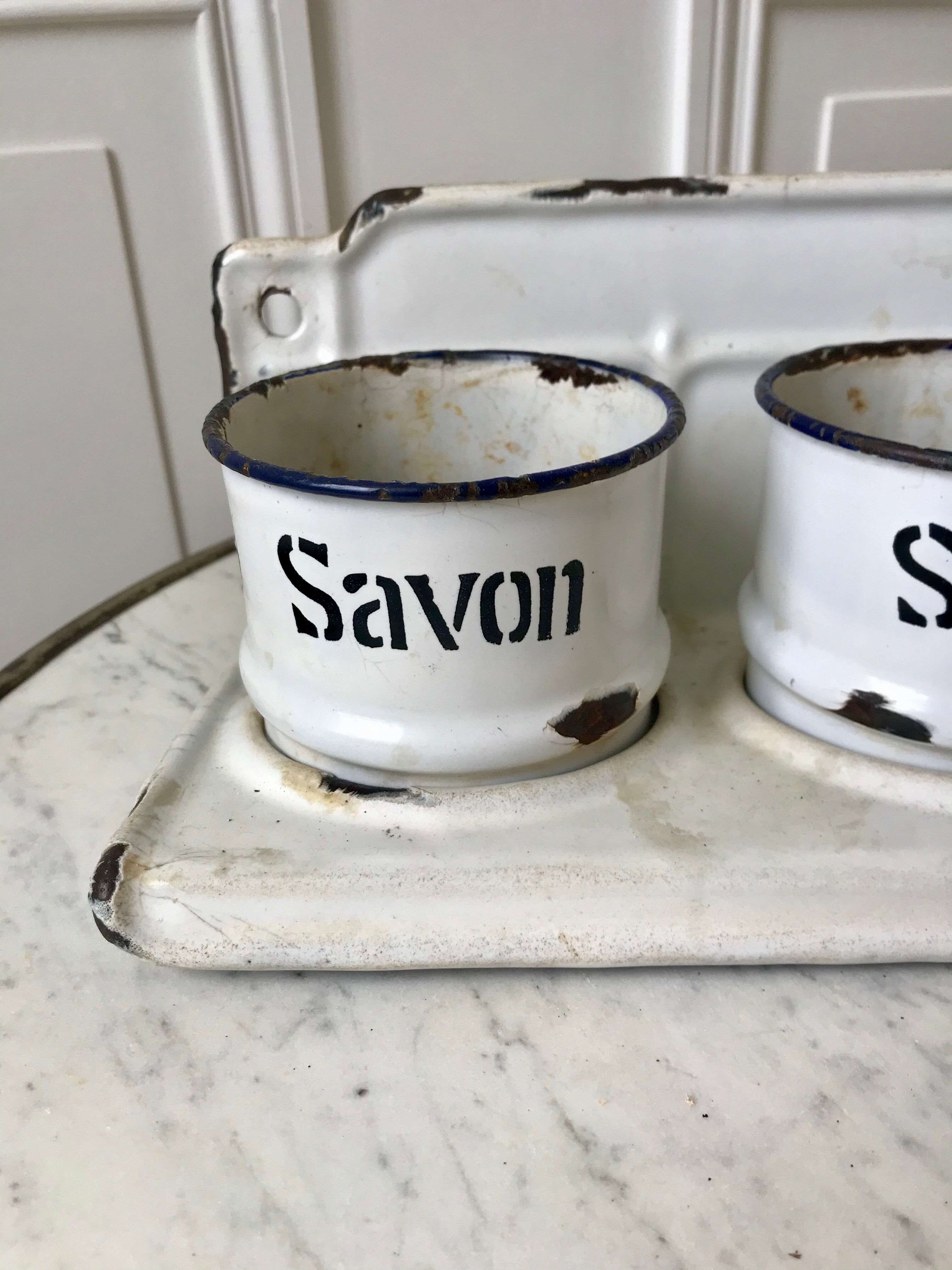 set of enamelled pots to fix (soda, soap, salt) early twentieth century