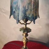 Antique art nouveau bronze lamp with tinted glass shade, 43x16