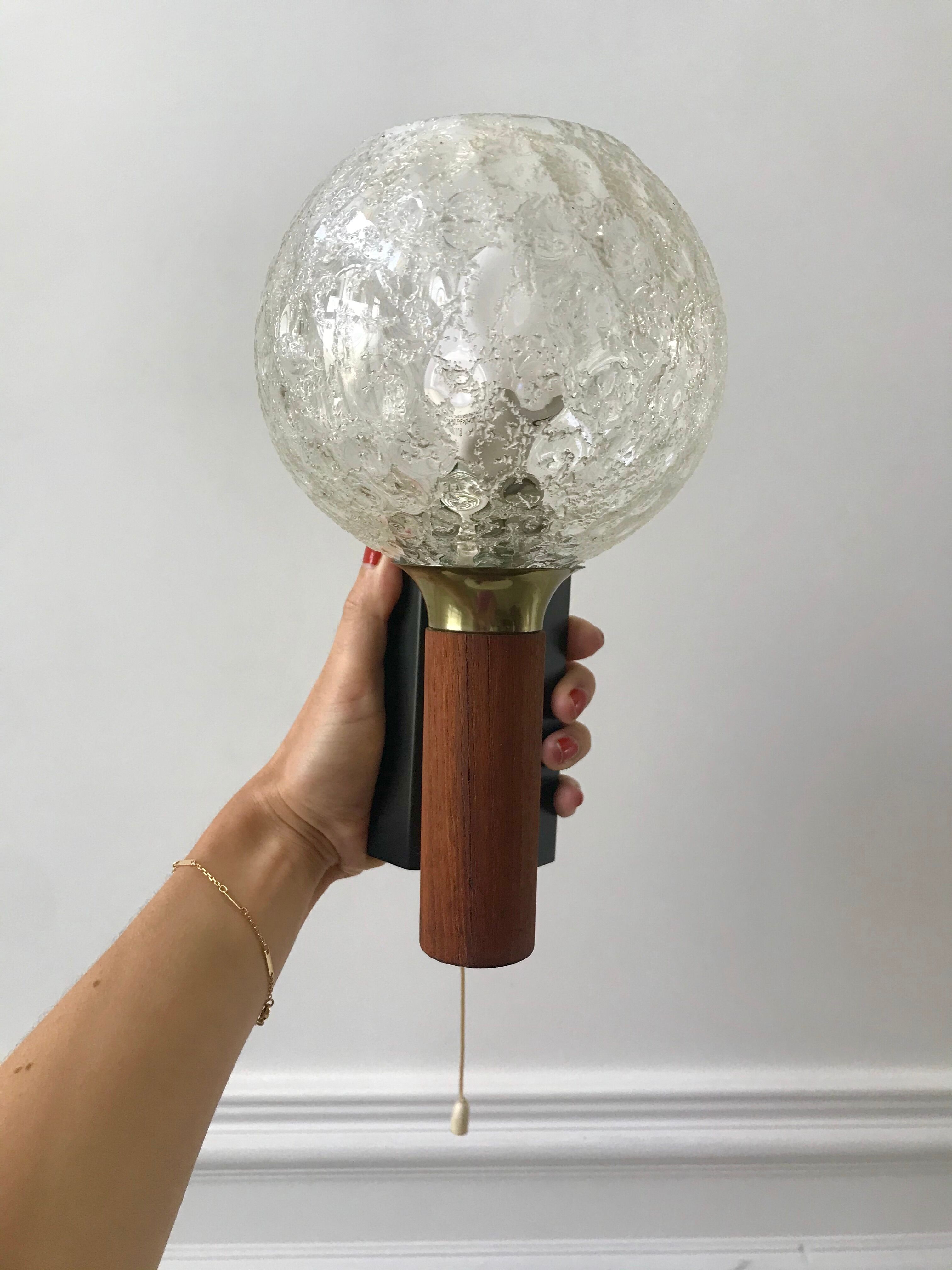 Pair of wall sconces balls in blown glass, metal and teak style 50s