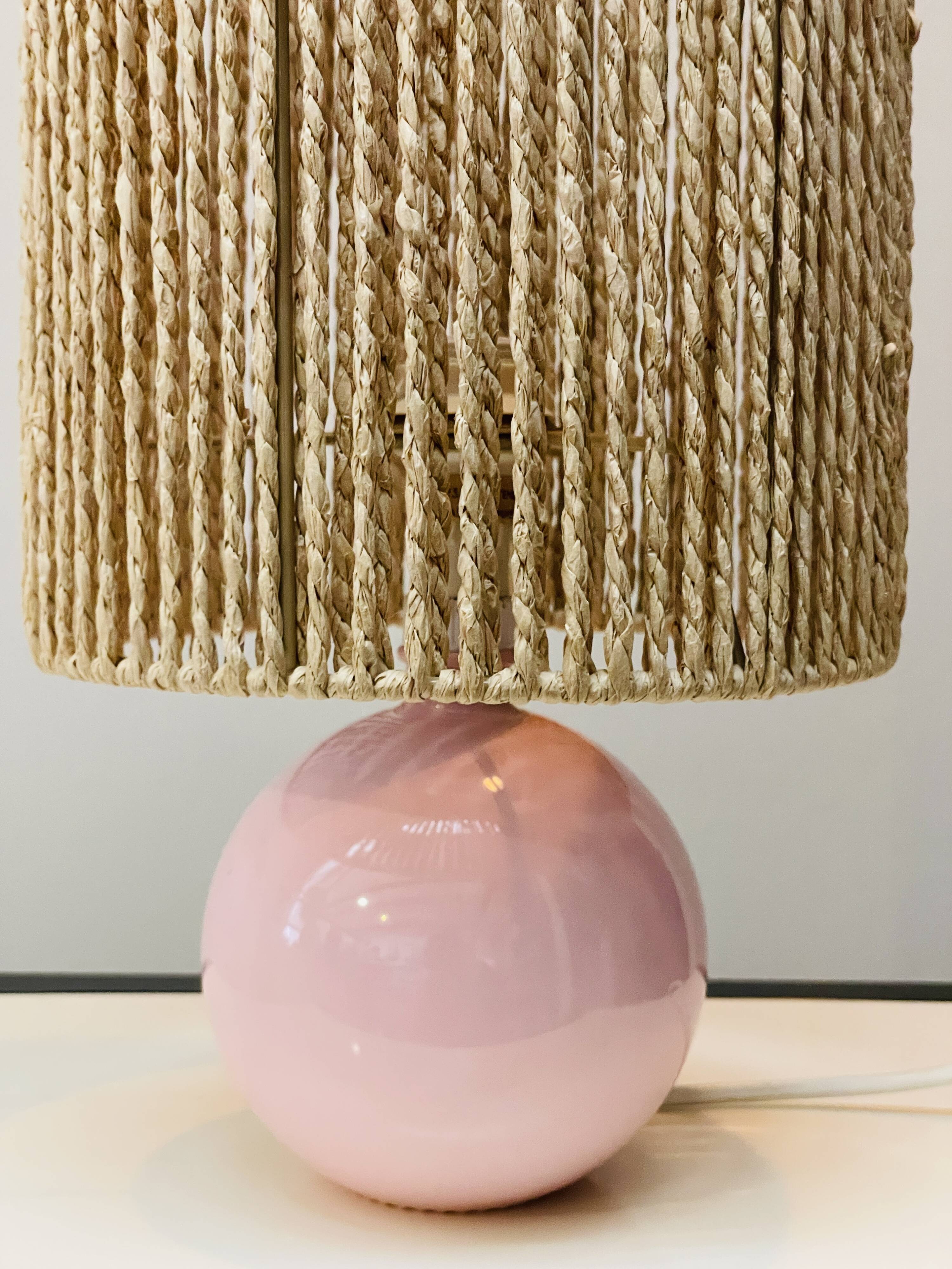 Pink Ceramic Ball Lamp - Hemp Shade - Vintage - 1980s