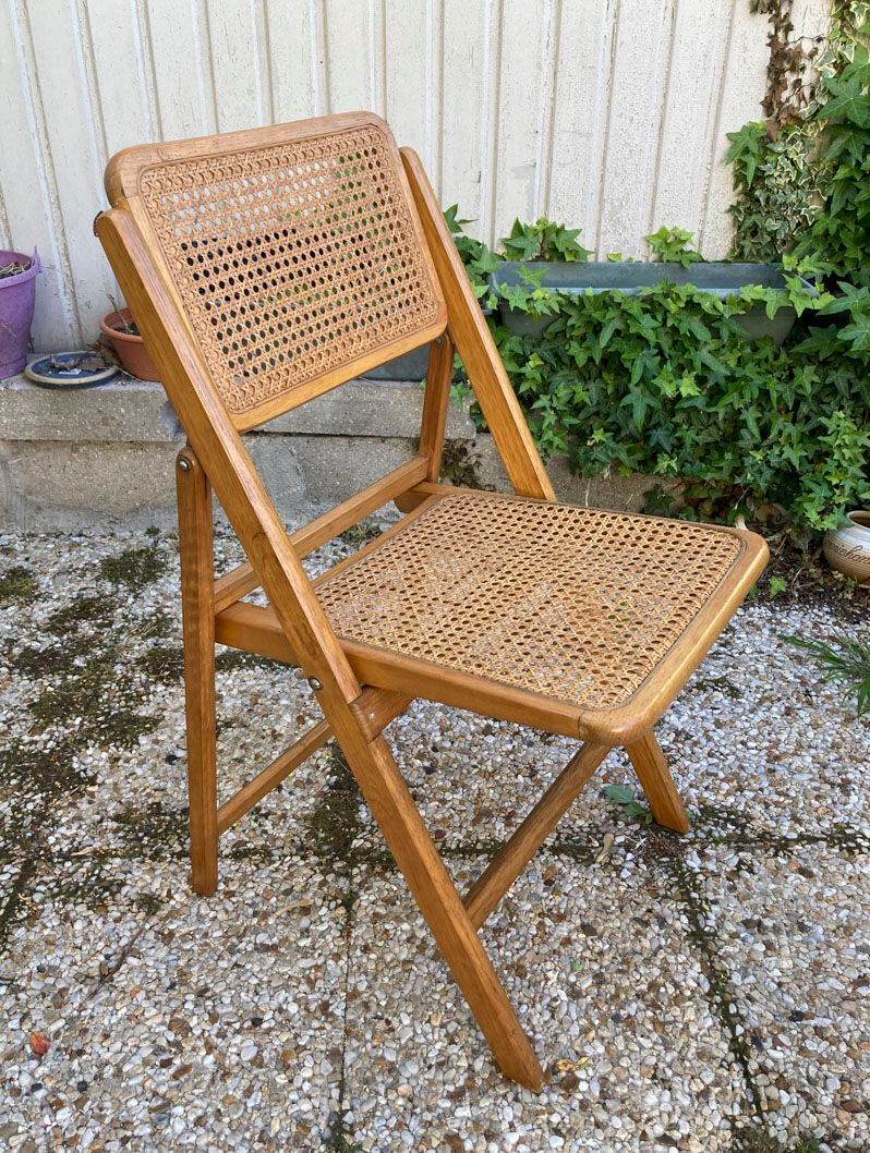 Lot de 3 chaises pliantes en bois et cannage