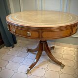 Table tambour 1900  merisier cuir et laiton