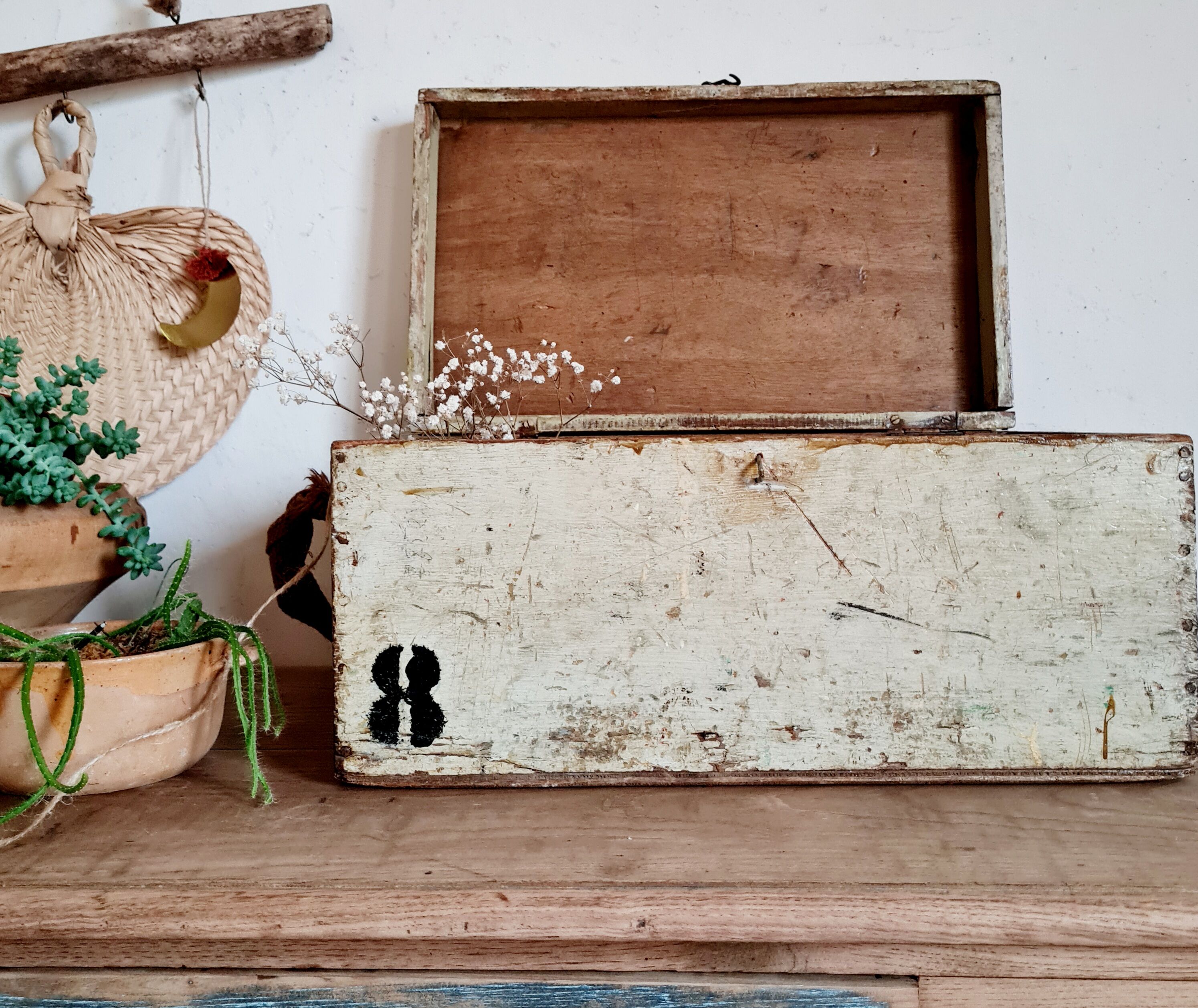 White patinated antique wooden chest