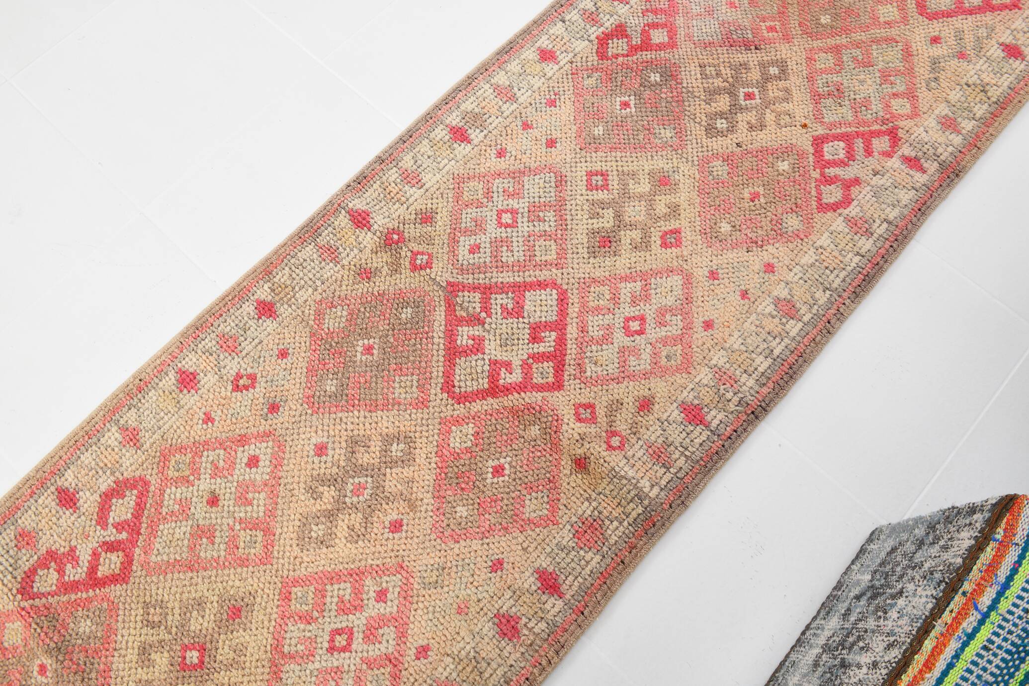 2x10 Red Pink Geometric Vintage Runner Rug,  75x315Cm