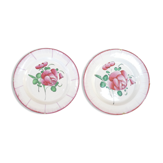 Lot de 2 assiettes en faience de l'est rose rouge 19eme LUNEVILLE / ST CLEMENT