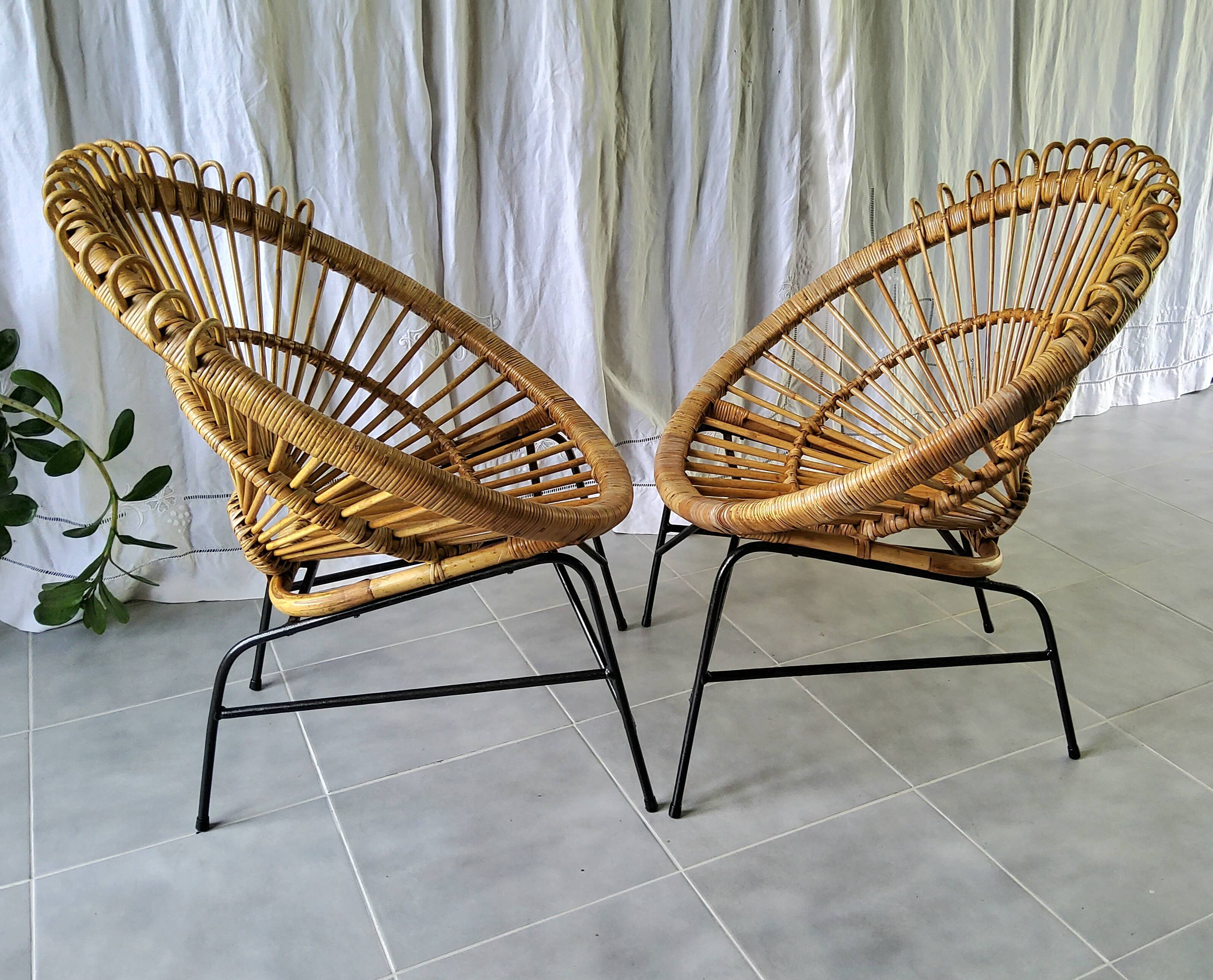 Pair of 60s rattan armchairs