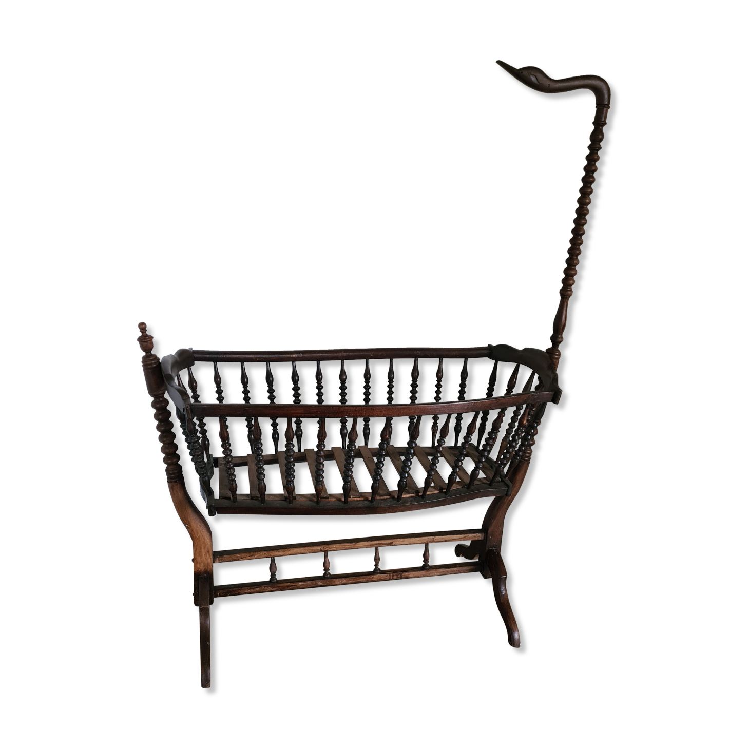 Old wooden rocking cradle twisted / vintage bars