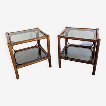 Paire de tables de chevet ou bouts de canapé en bambou des années 60/70