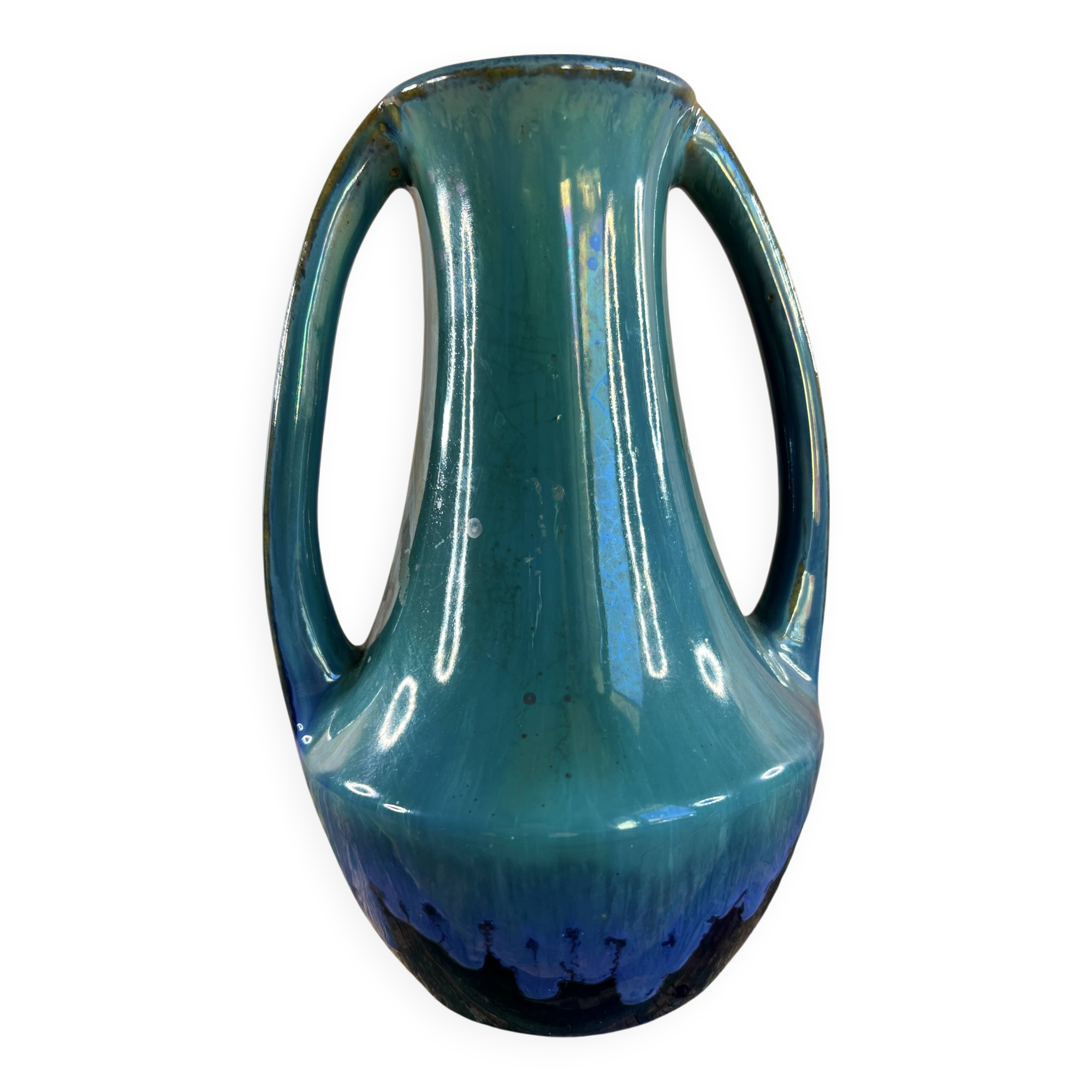Blue & green glazed ceramic vase Art Nouveau style