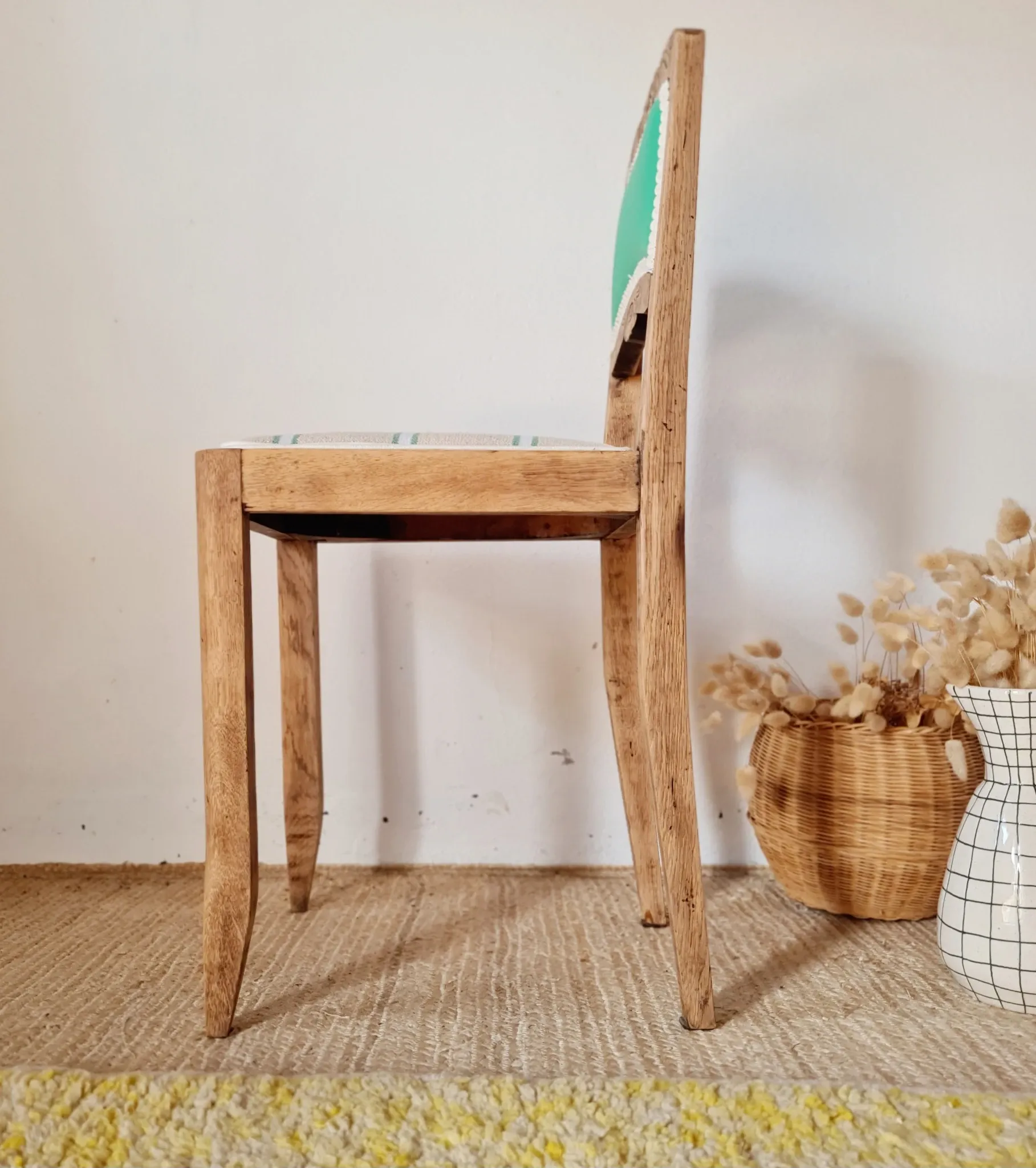 Renovated antique chair – carved wood and green backrest