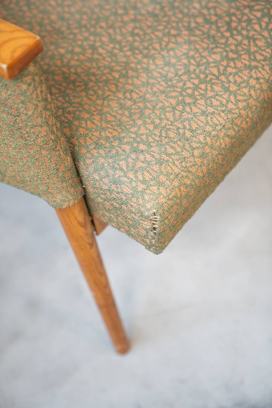 Pair of vintage armchairs in oak and embossed fabric, with old republished certificate of authenticity