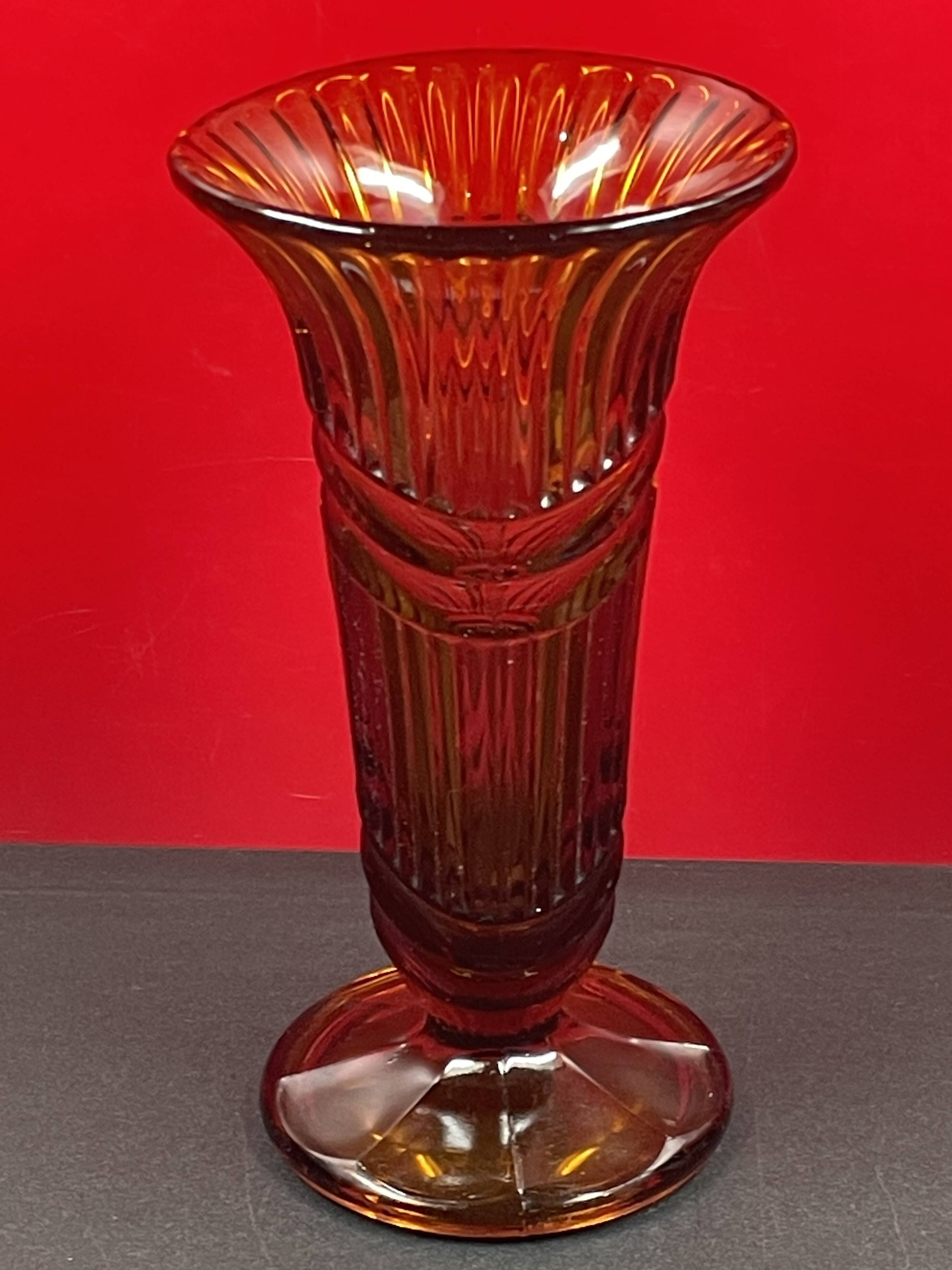 Art Deco Pressed Glass Vase Amber Color 25.3 cm