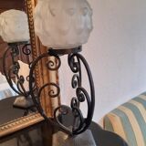 Art Deco period lamp wrought iron and pressed molded glass globe