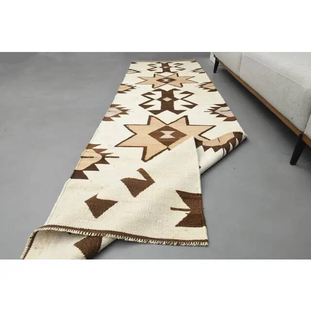 1970s Turkish Oushak Handmade Wool Cotton Beige Runner Rug 95x327