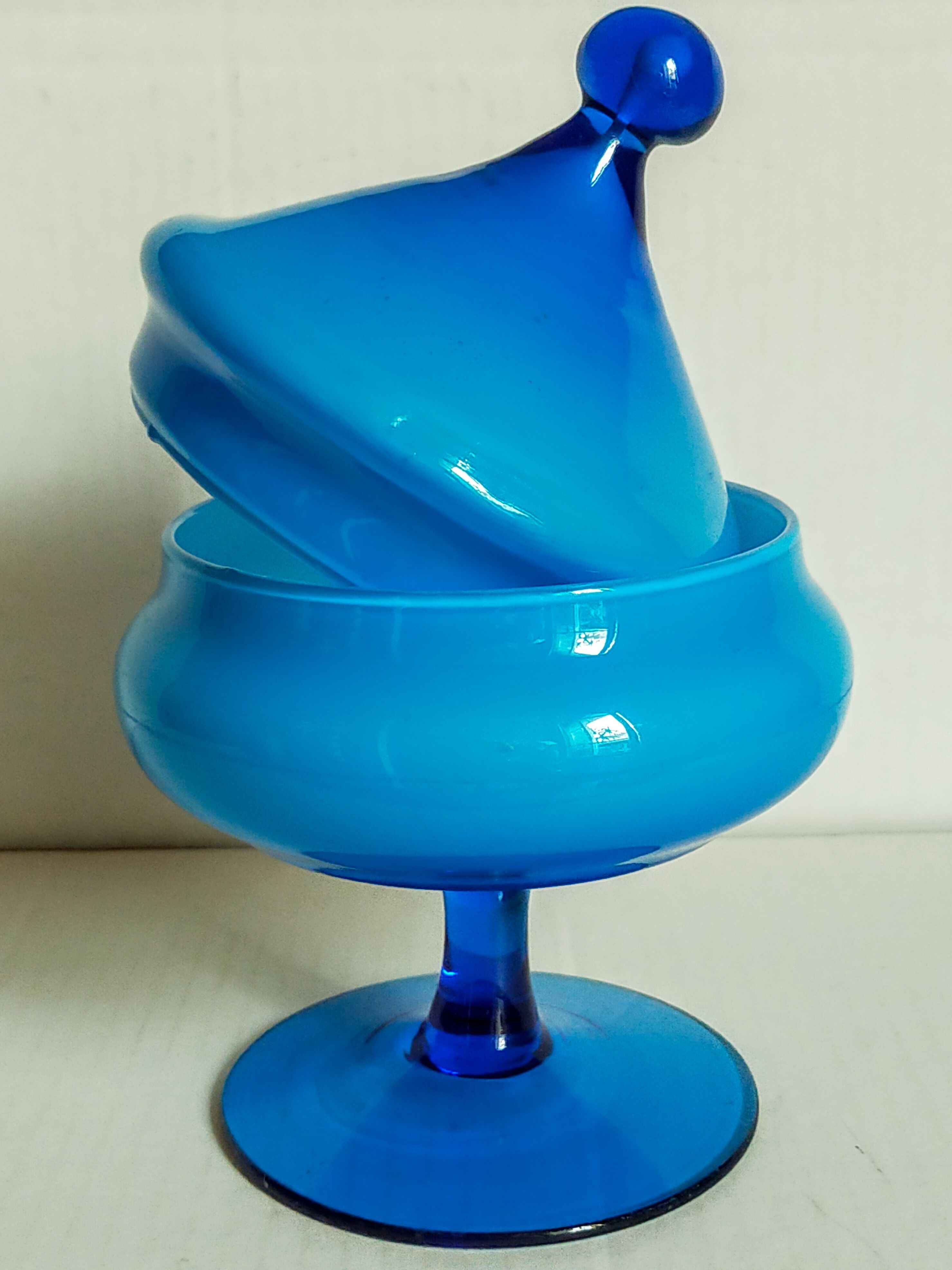 Covered pot on foot in vintage blue opaline