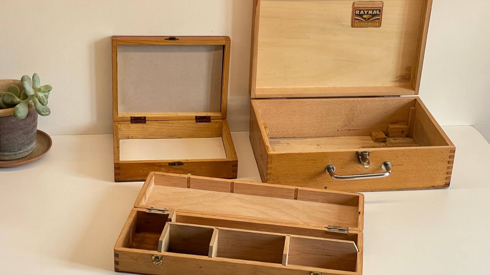 3 vintage dovetail wooden boxes