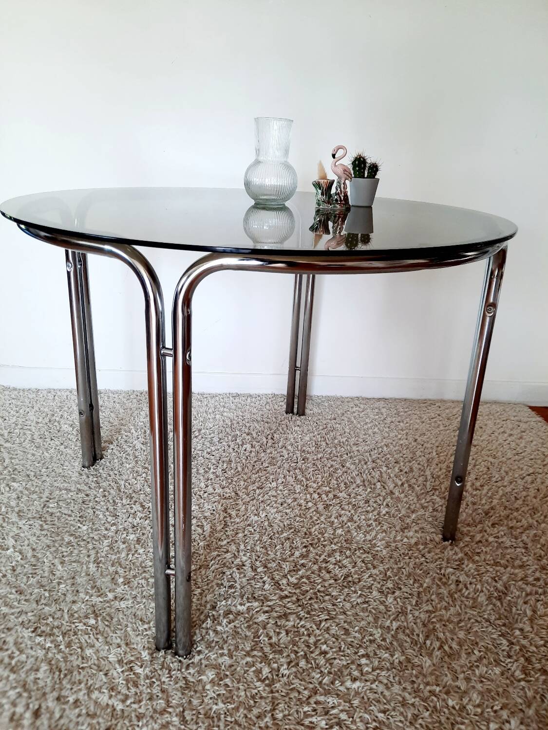 Space Age dining table smoked glass - chrome 70's