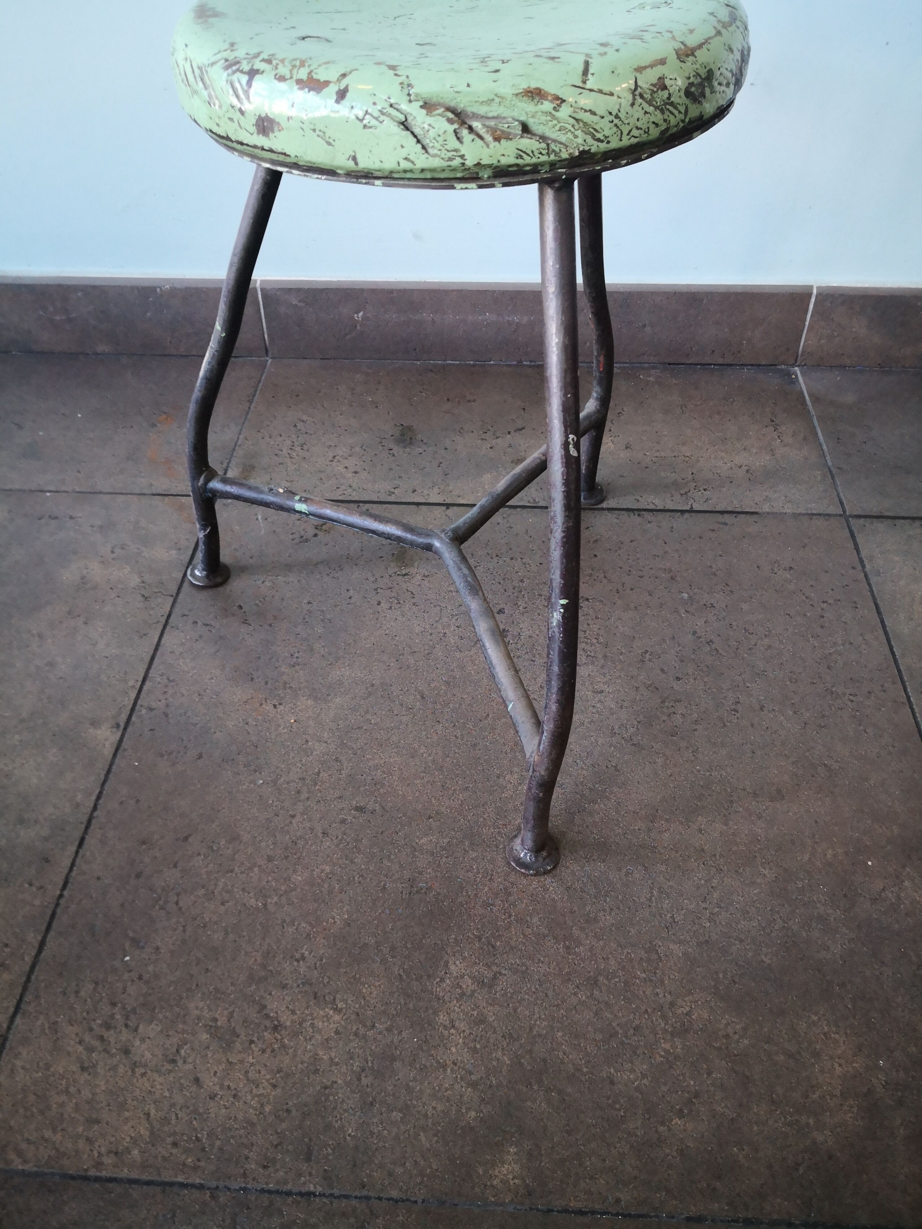 Vintage tripod stool, industrial style wood and metal