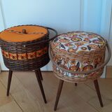 Travailleuse vintage en osier sur pieds compas