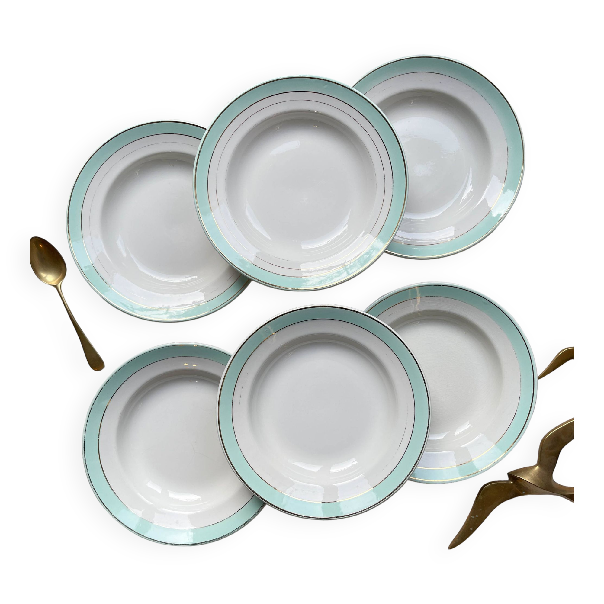 6 vintage LUNEVILLE earthenware soup plates, white, green and gold