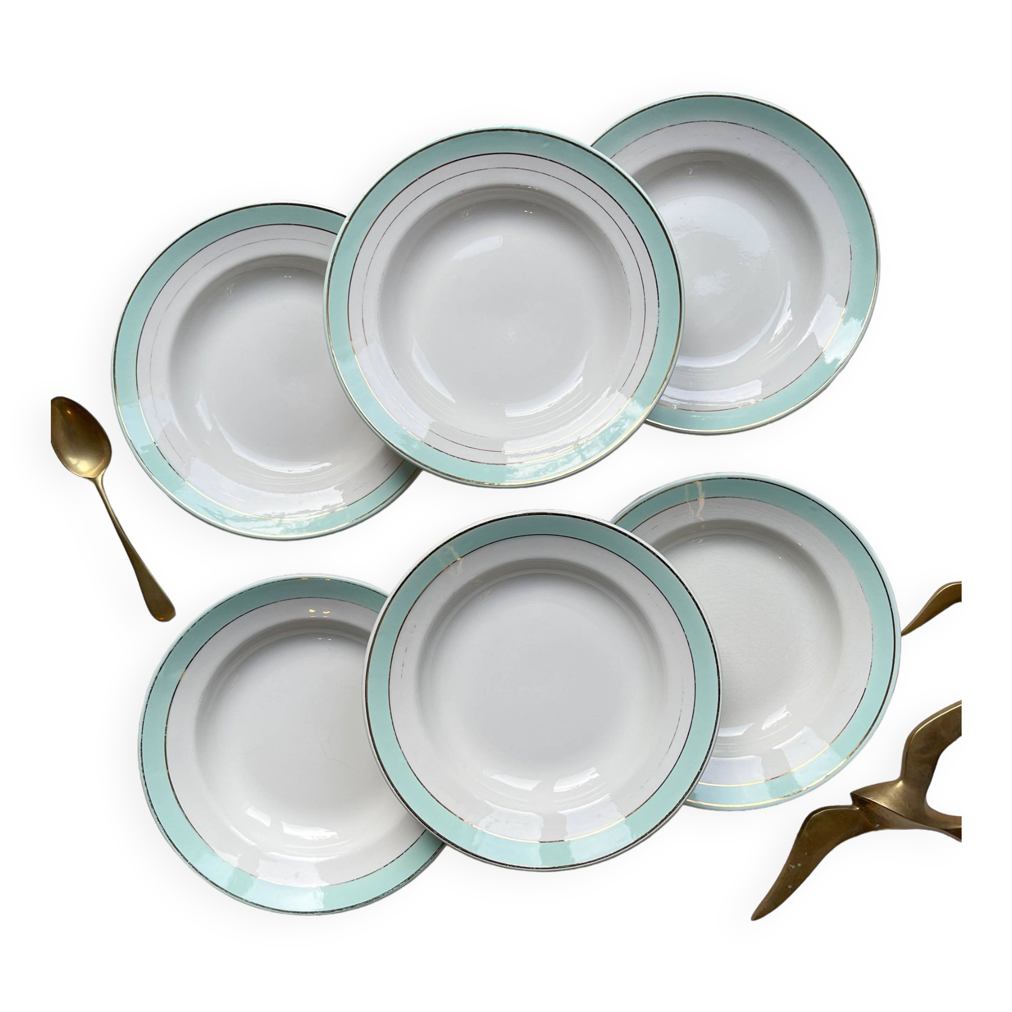 6 vintage LUNEVILLE earthenware soup plates, white, green and gold