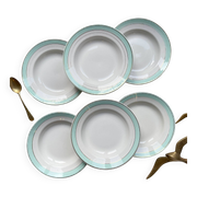 6 vintage LUNEVILLE earthenware soup plates, white, green and gold
