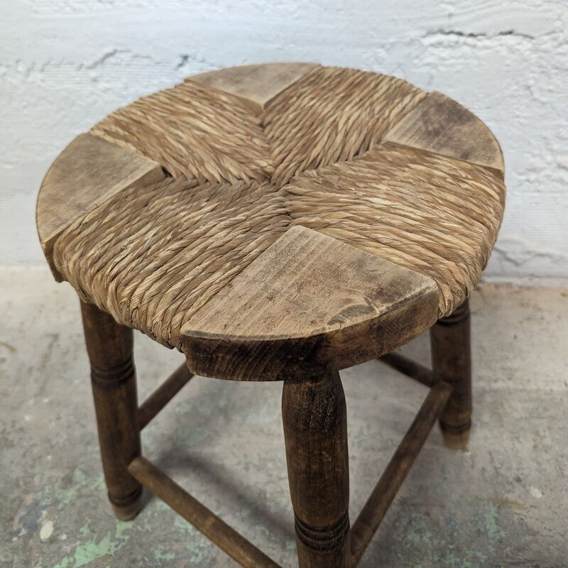 Wooden stool seated wood & woven straw
