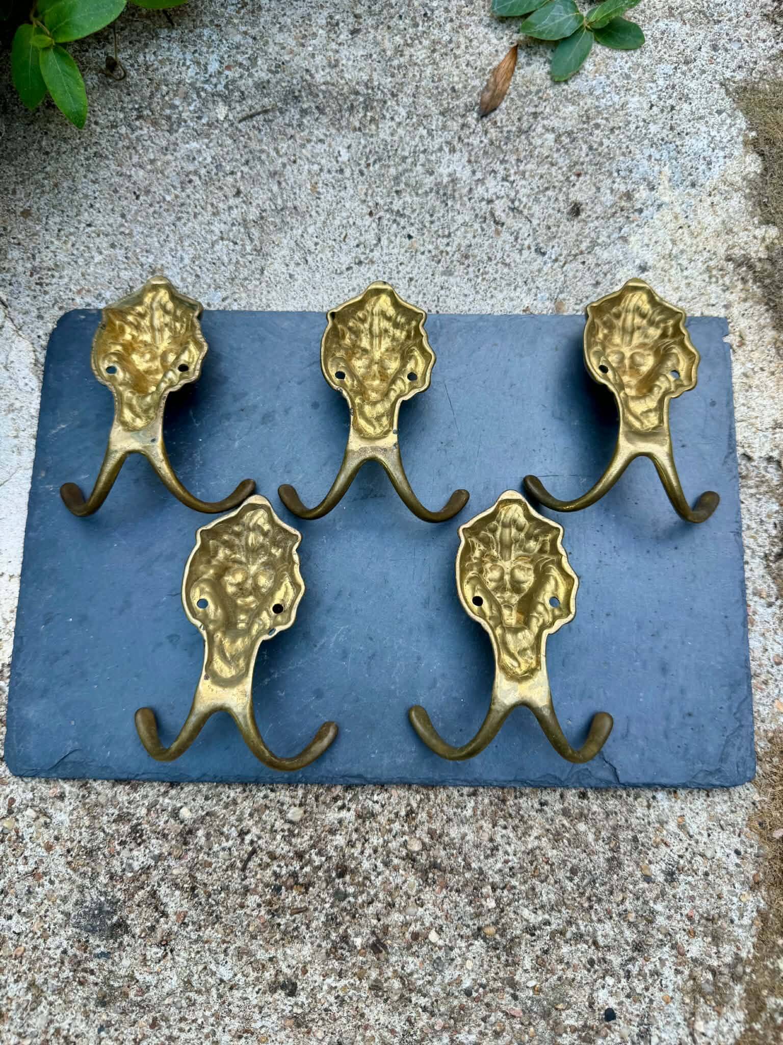 5 lion coat hooks in solid brass Art Nouveau