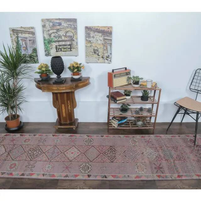 Vintage natural Turkish hand-knotted runner 86x350