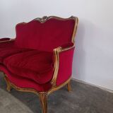 Ensemble banquette et 2 fauteuils style Louis XV en tissu rouge