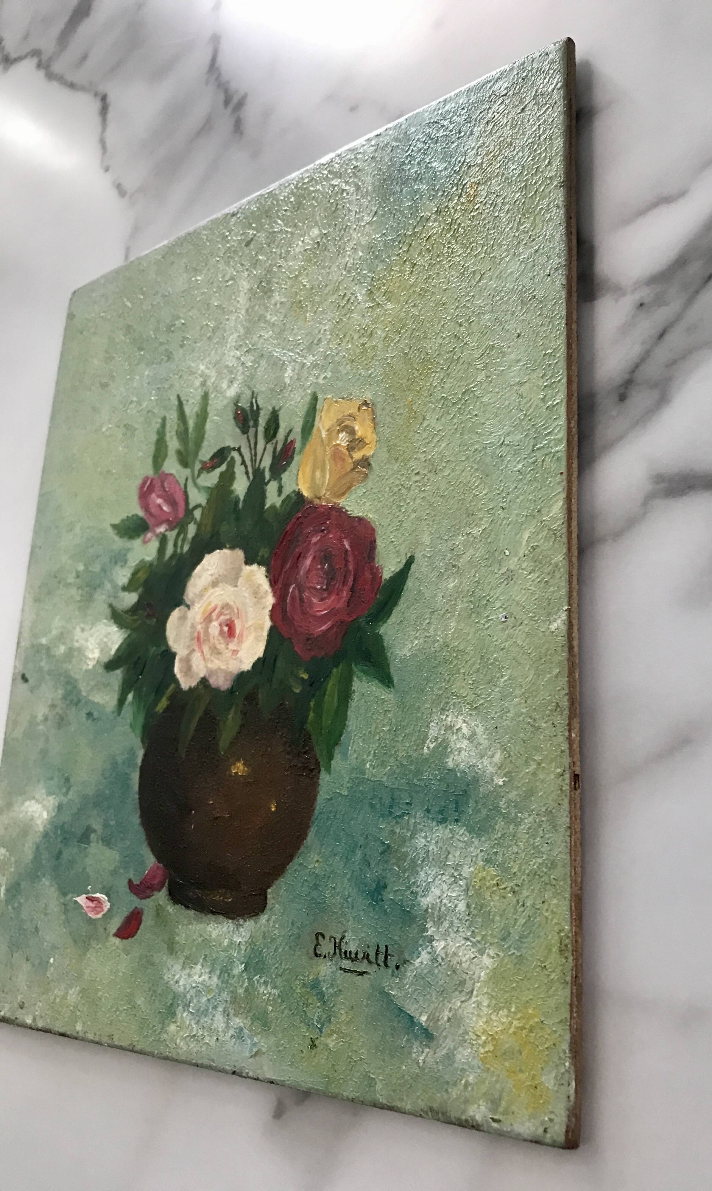 Small old still life painting of a bouquet of roses