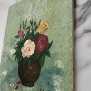 Small old still life painting of a bouquet of roses