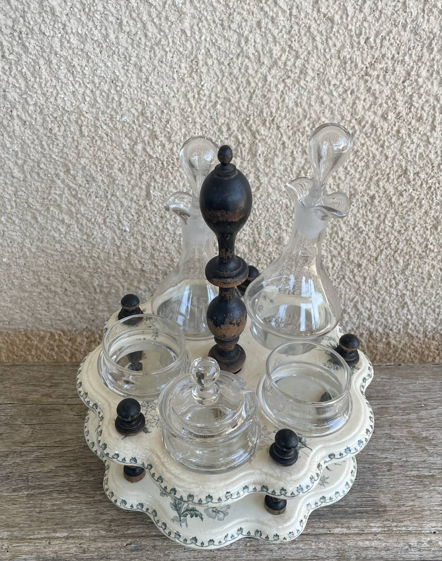 Oil and vinegar service, salt and pepper.