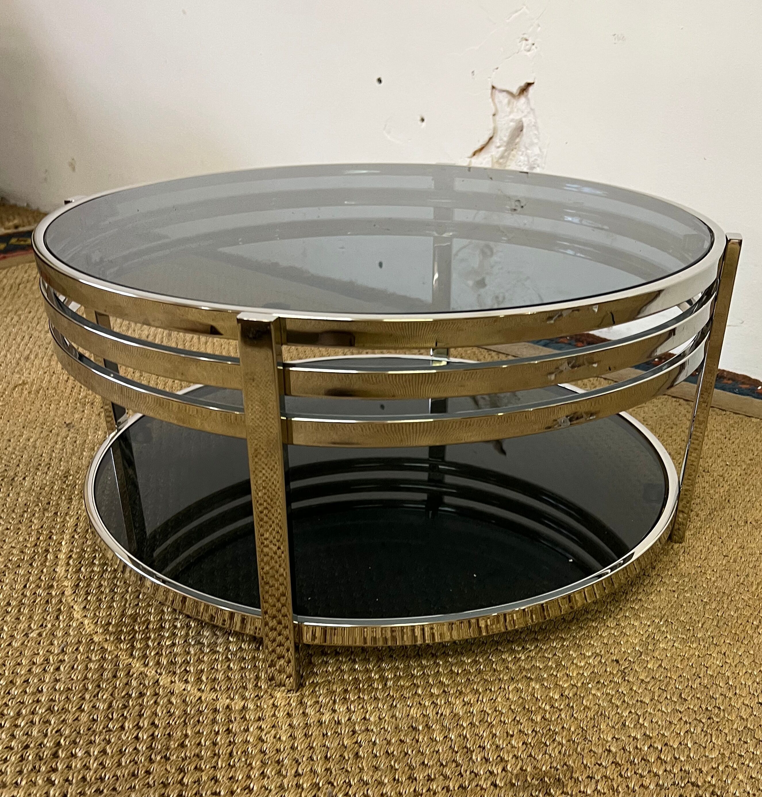 Coffee table in chromed metal and smoked glass, 1970