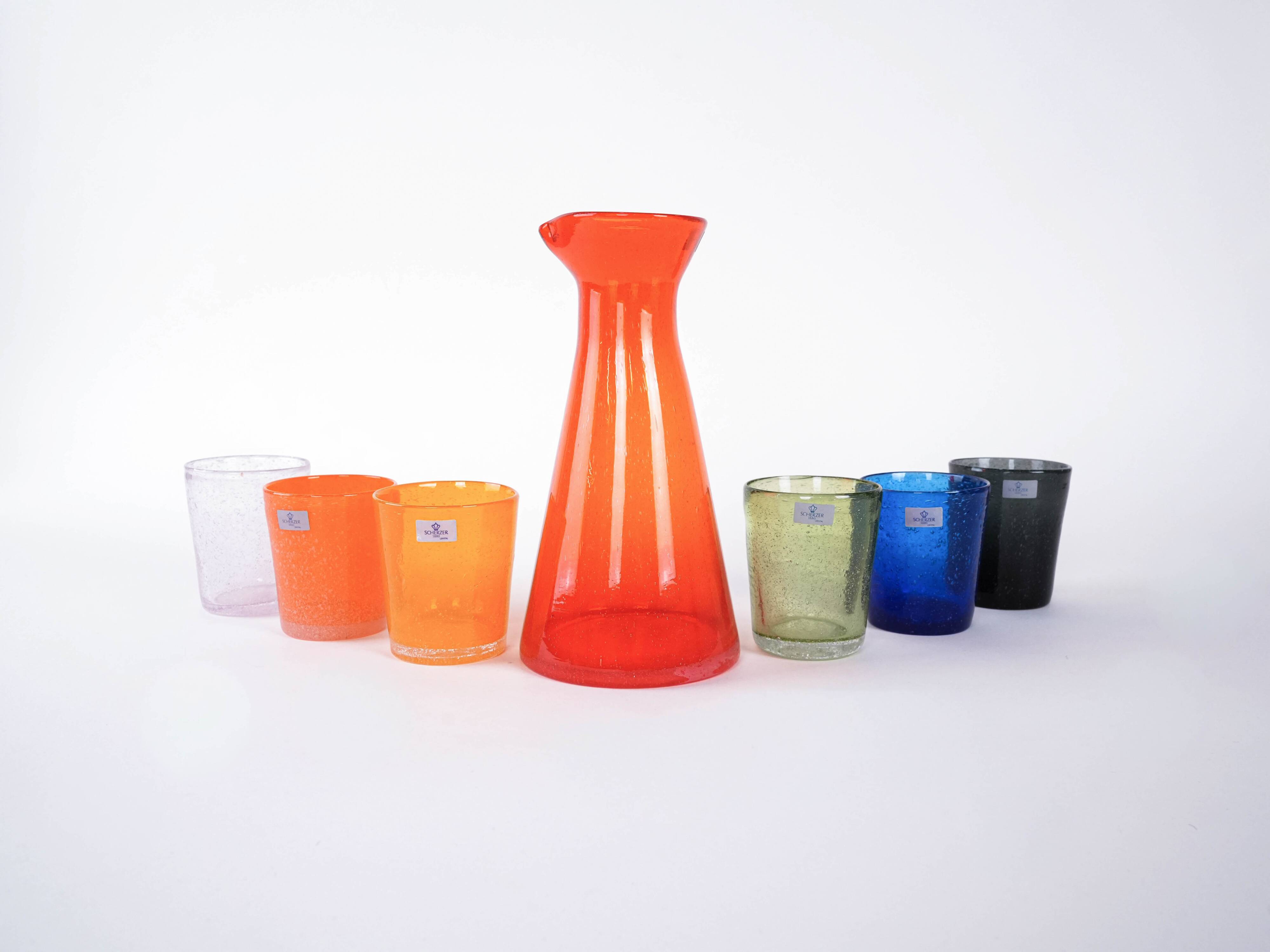 Colourful set of glasses and carafe, Scherzer Bavaria, 1980s, made in Germa