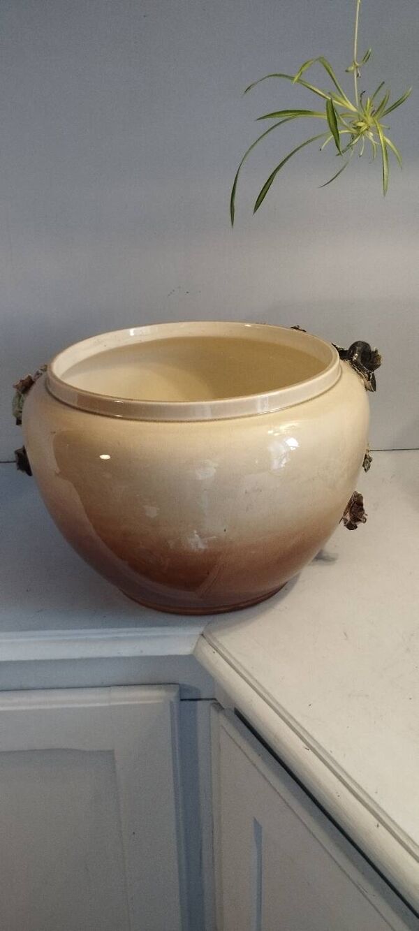 Grand Cache-pot Barbotine Art Nouveau - Décor Pavots Polychrome