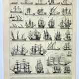 Gravure ancienne 1898, Bateau à voile et navire (1) • Lithographie, Planche originale