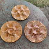 3 plates with oysters, shells, ceramic slurry ochre, majolica, made in portugal