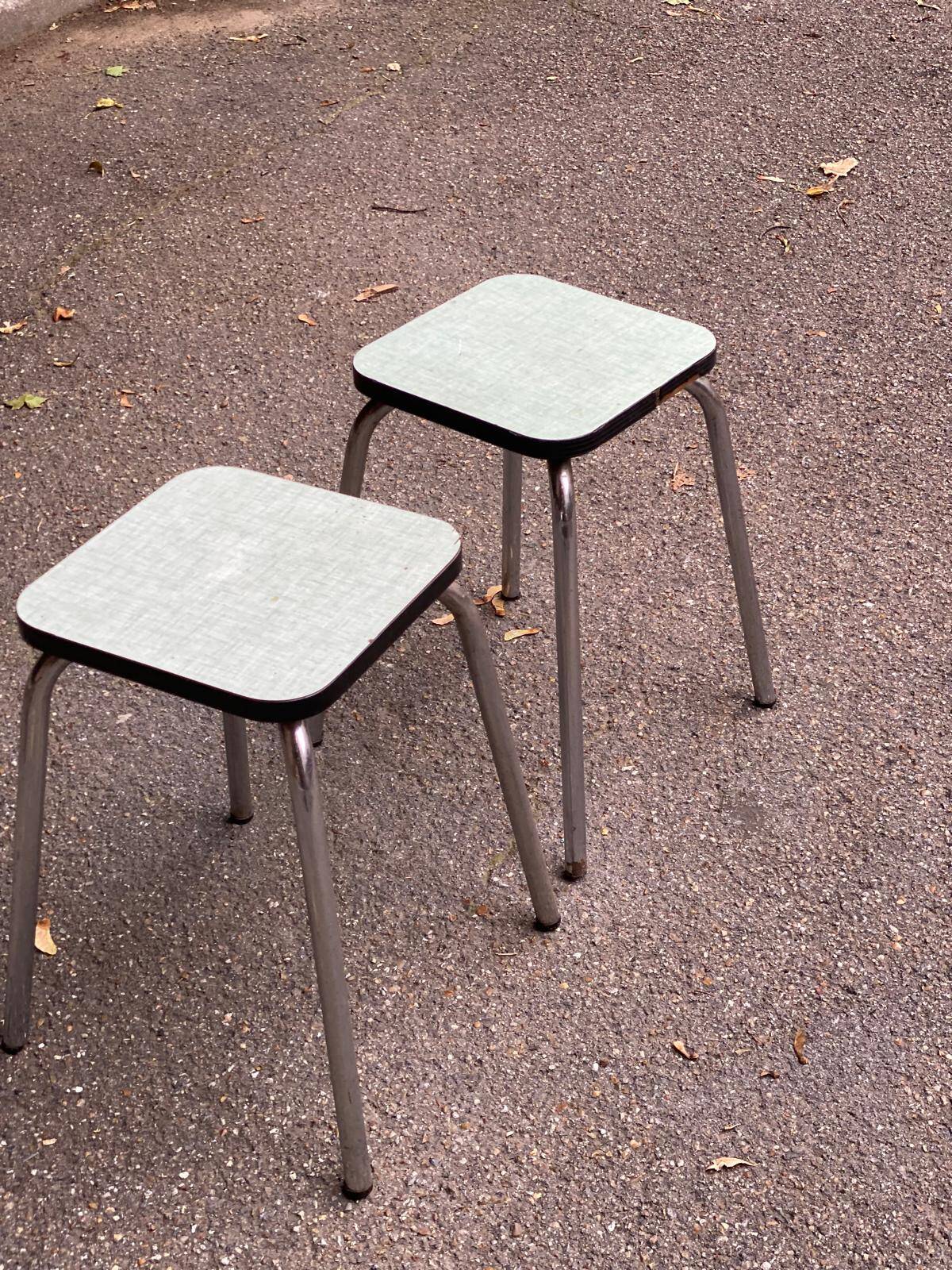 Pair of steel and formica stools, acqua green and steel