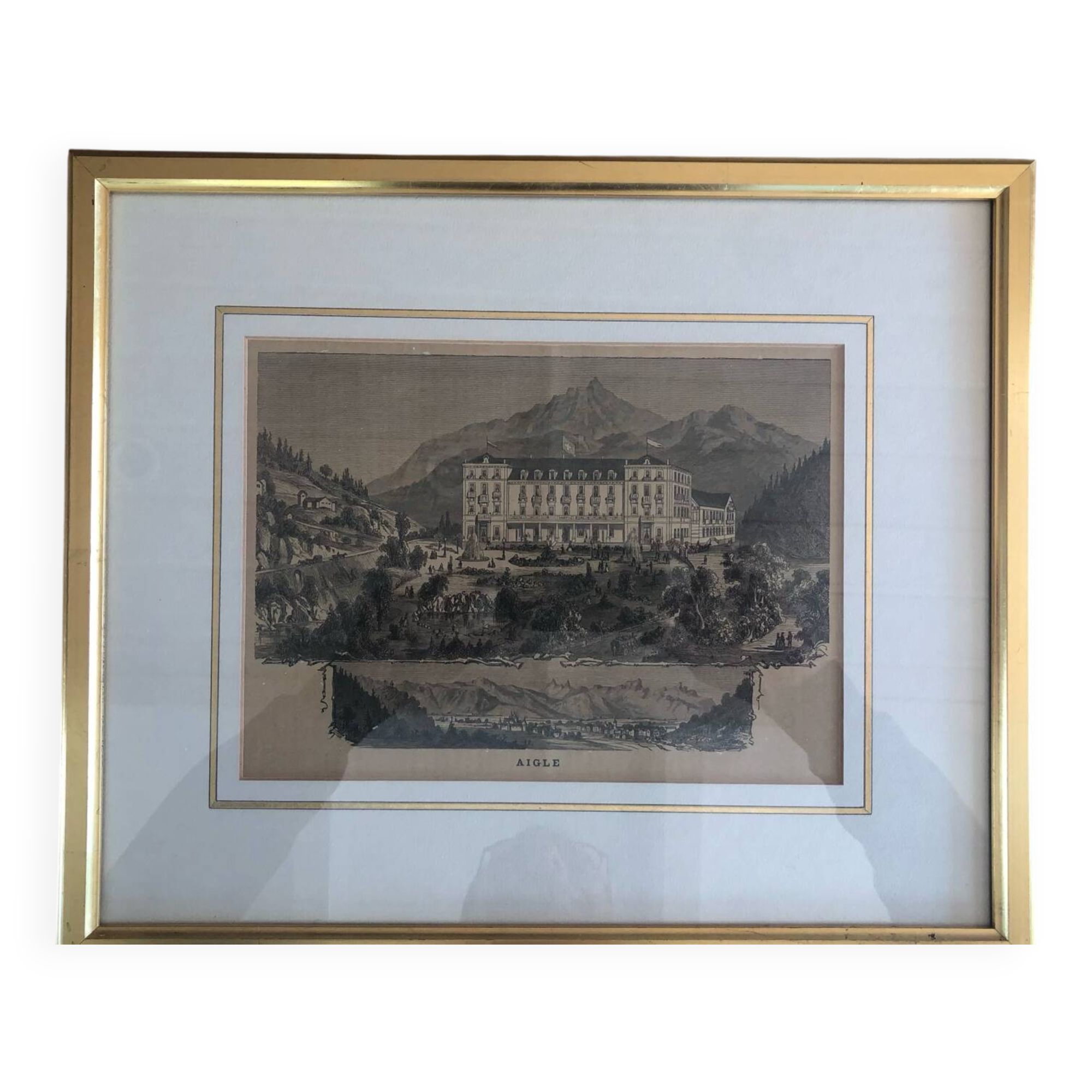 Antique engraving of Aigle Castle, Switzerland, with a gilded frame