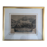 Antique engraving of Aigle Castle, Switzerland, with a gilded frame