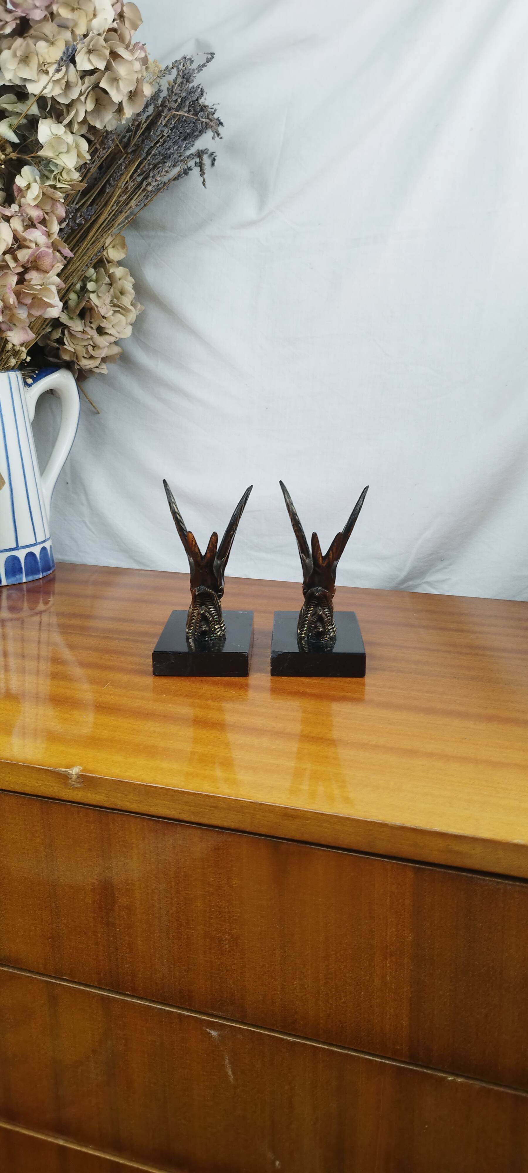 Pair of Art Deco Bookends of Swallows in Flight, Marble & Spelter