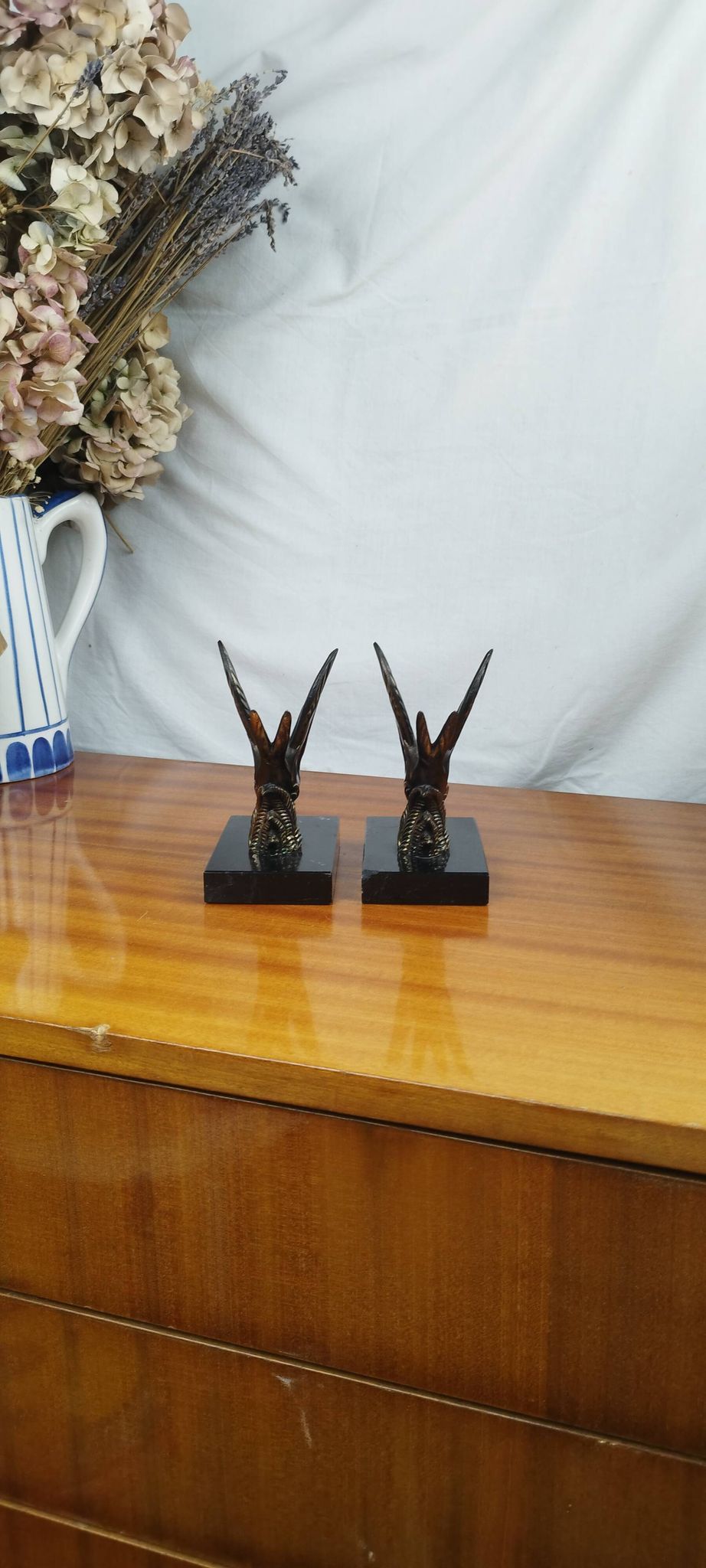 Pair of Art Deco Bookends of Swallows in Flight, Marble & Spelter