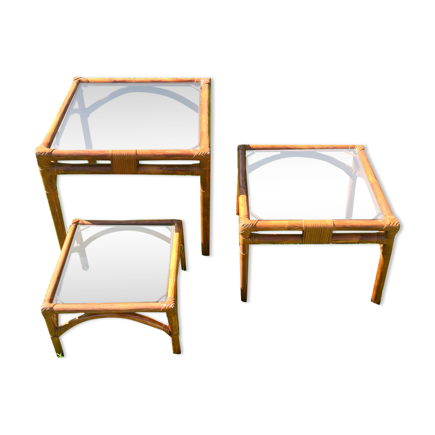 Bamboo pull-out table / leather and vintage glass