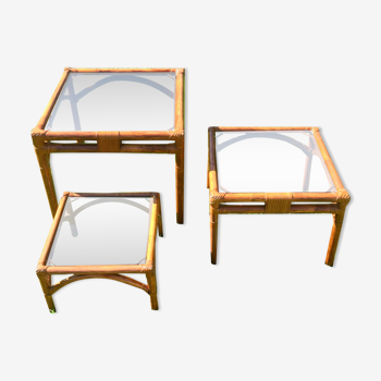 Bamboo pull-out table / leather and vintage glass