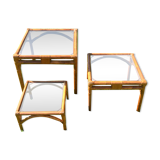 Bamboo pull-out table / leather and vintage glass